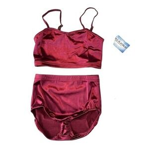 Double Platinum Performance Burgundy Satin Dance Set High Waist - NWT - adult AS